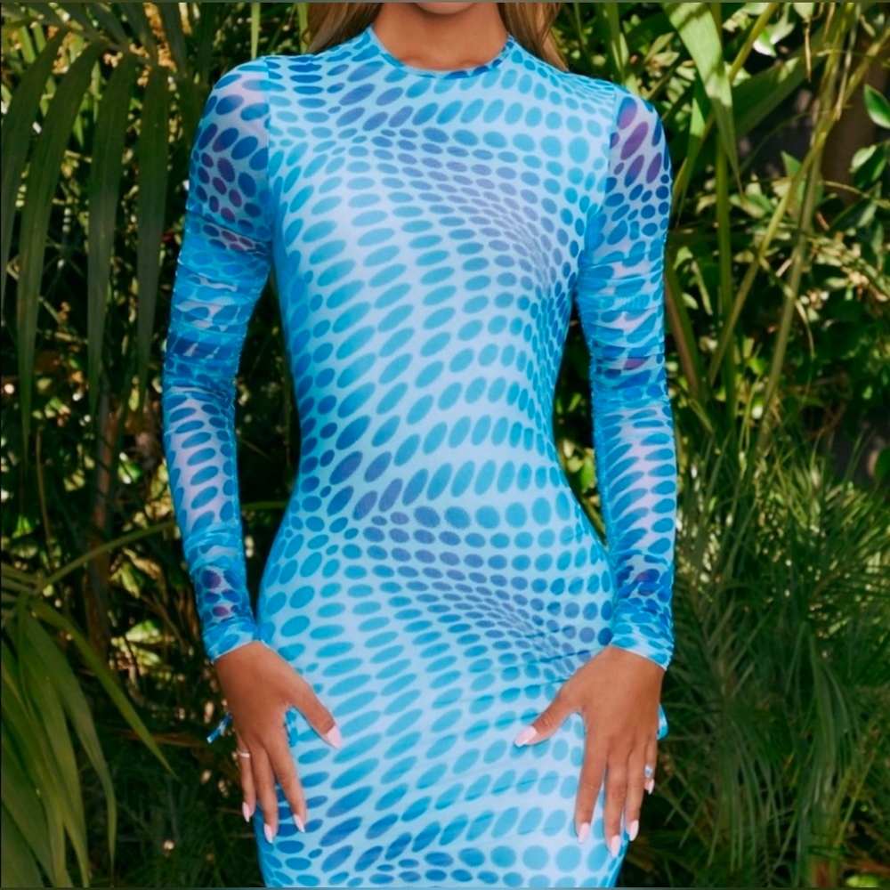 Oh Polly Dress Long sleeve printed mesh mini dress in blue